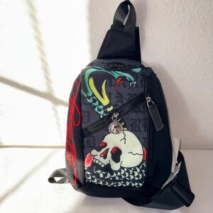 Ed Hardy Men's Sling Bag Black Skull Snake Graphic Crossbody Chest Pack